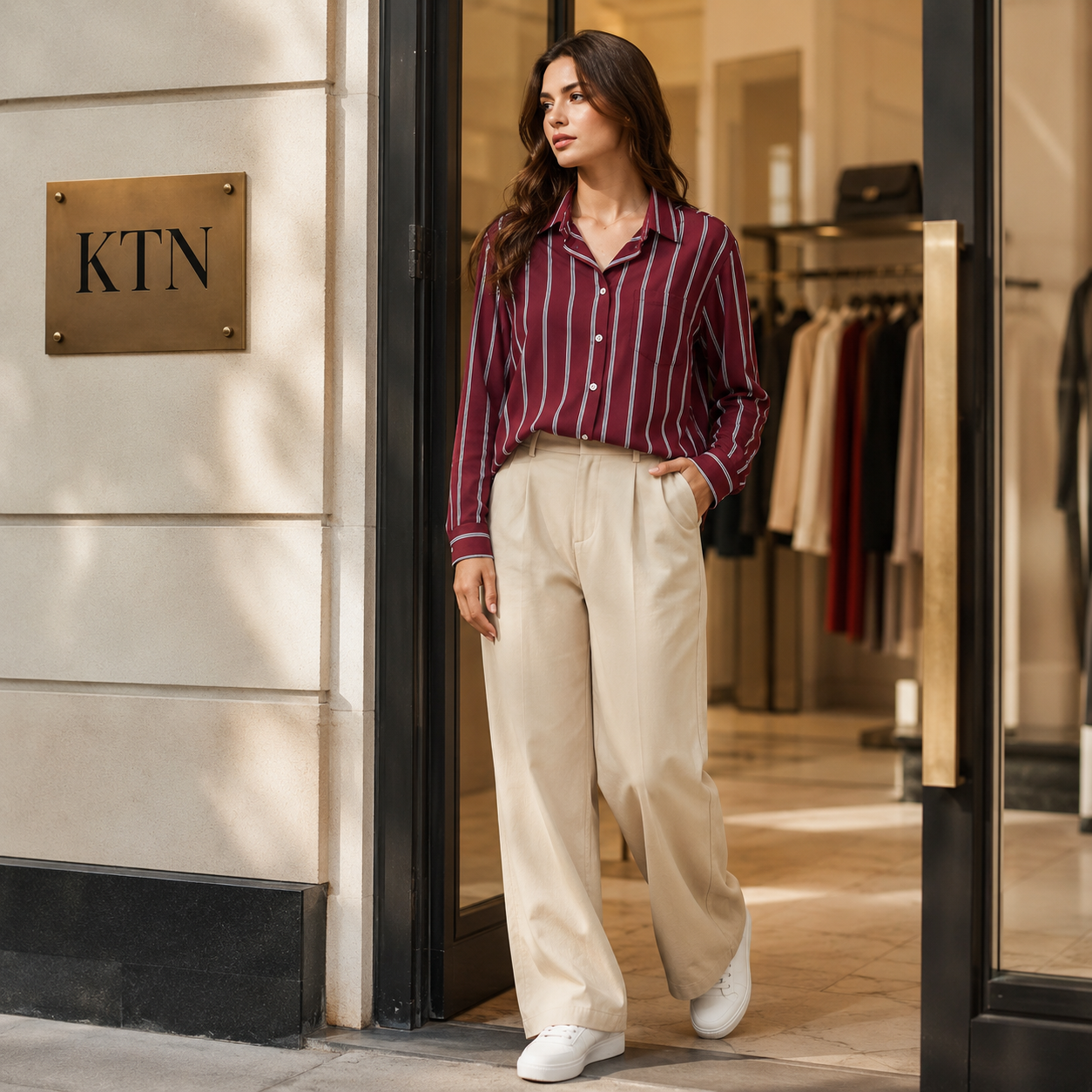 شومیز آستین بلند زرشکی لاین پهن ktn