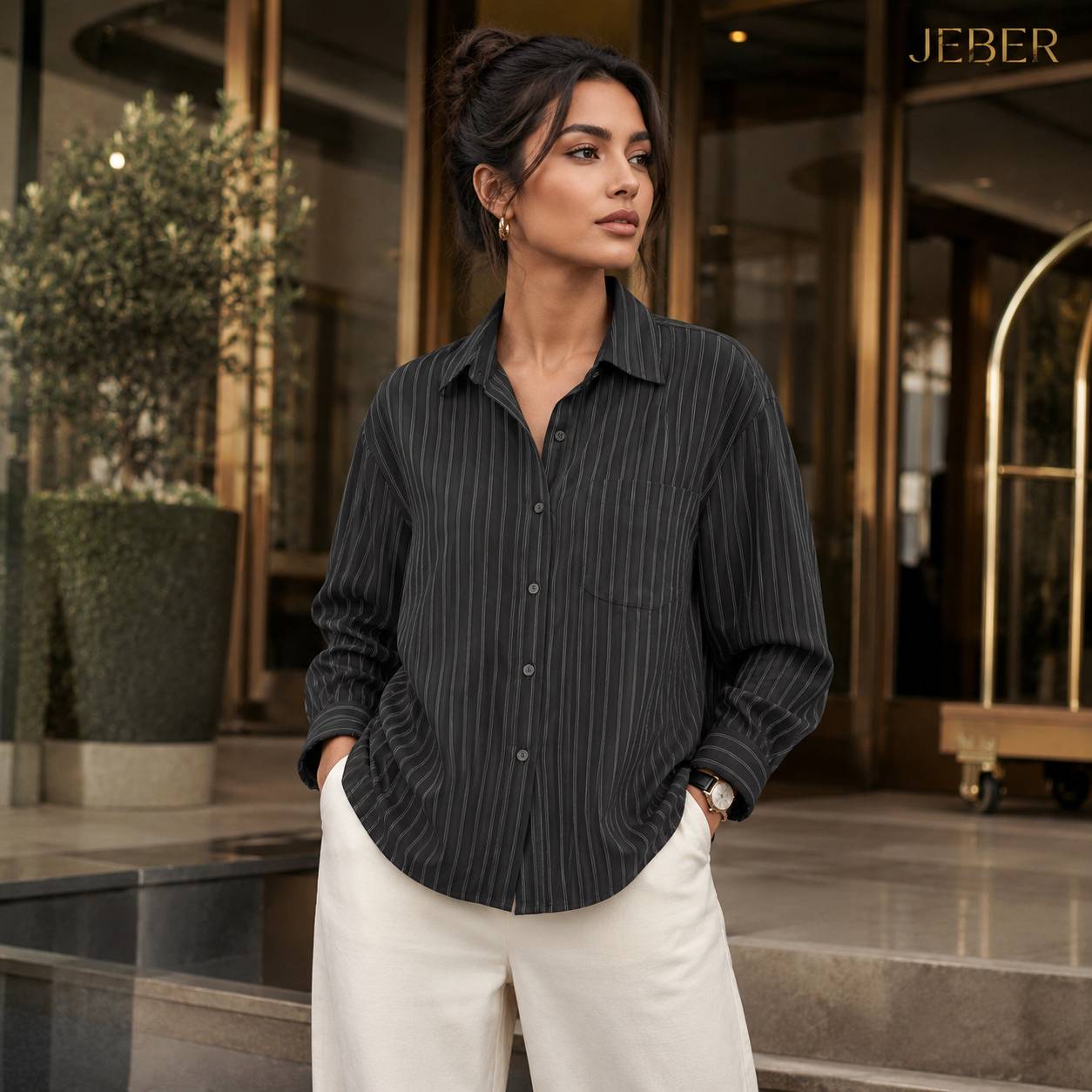 شومیز آستین بلند زنانه برند JEBER (لاین دار بی رنگ مشکی)